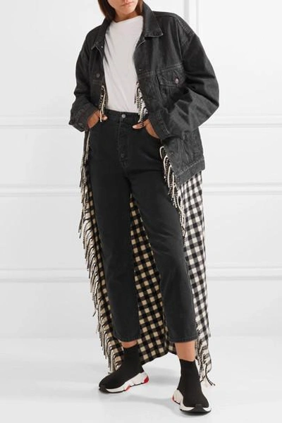 Shop Balenciaga Layered Quilted Denim And Fringed Gingham Wool Jacket