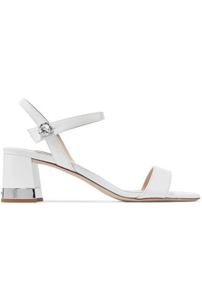 Shop Miu Miu Crystal-embellished Patent-leather Sandals In White