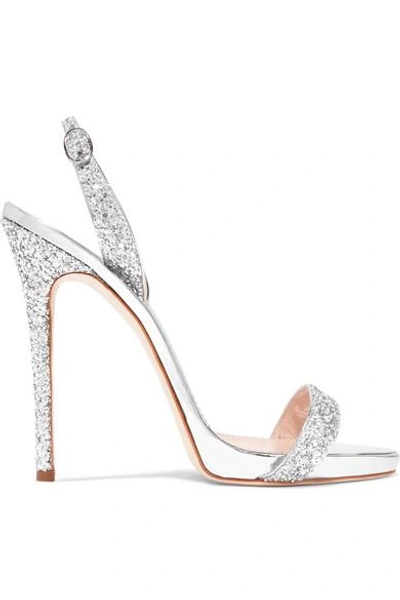 Shop Giuseppe Zanotti Coline Glittered Metallic Leather Slingback Sandals In Silver