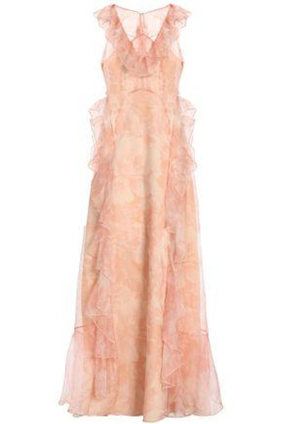 Shop Alice Mccall Ruffled Floral-print Silk-organza Gown In Peach