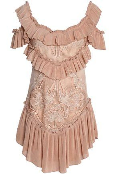 Shop Alice Mccall Woman Lovebirds Cold-shoulder Plissé-paneled Crocheted Mini Dress Blush