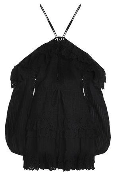 Shop Alice Mccall Woman Cold-shoulder Ruffled Broderie Anglaise Cotton Mini Dress Black