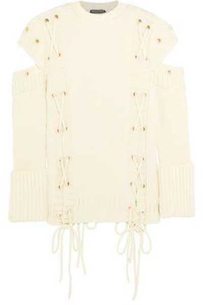 Shop Alexander Mcqueen Cold-shoulder Lace-up Wool Sweater In Ivory