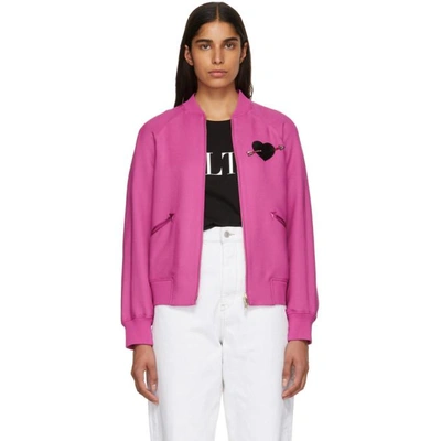 Shop Valentino Pink Heart Beaded Embroidered Bomber Jacket In Vpl Pink