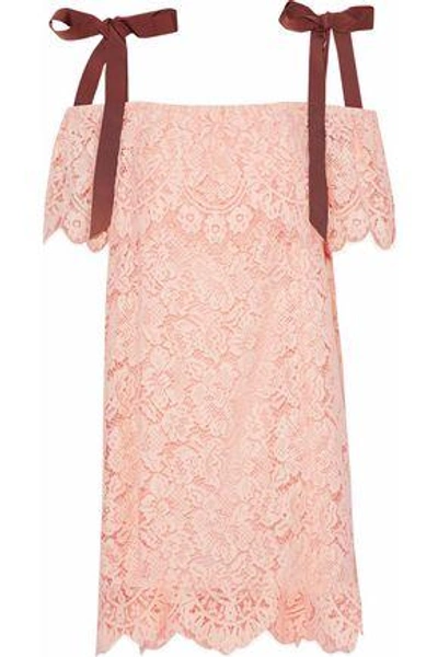 Shop Ganni Woman Cold-shoulder Corded Lace Mini Dress Pastel Pink