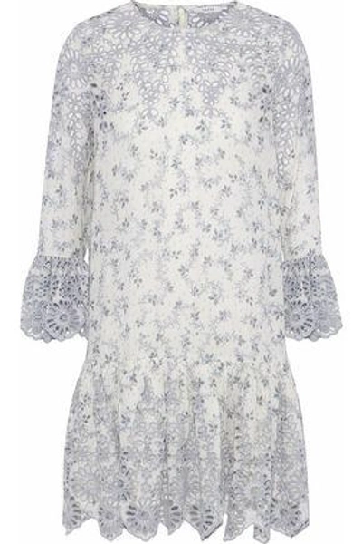 Shop Ganni Gathered Printed Broderie Anglaise Mini Dress In Ivory