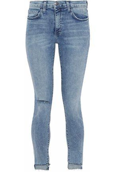 Shop Current Elliott Stiletto Cropped Distressed Mid-rise Skinny Jeans In Mid Denim