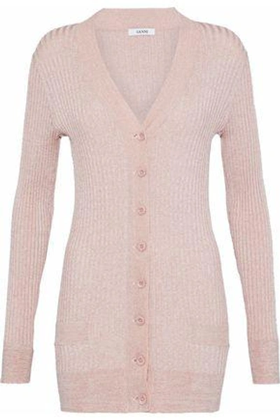 Shop Ganni Woman Metallic Ribbed-knit Cardigan Pastel Pink