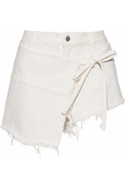 Shop Sandy Liang Woman Perry Wrap-effect Frayed Denim Shorts White
