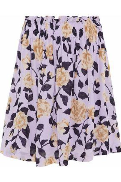 Shop Ganni Woman Carlton Gathered Floral-print Georgette Skirt Lilac