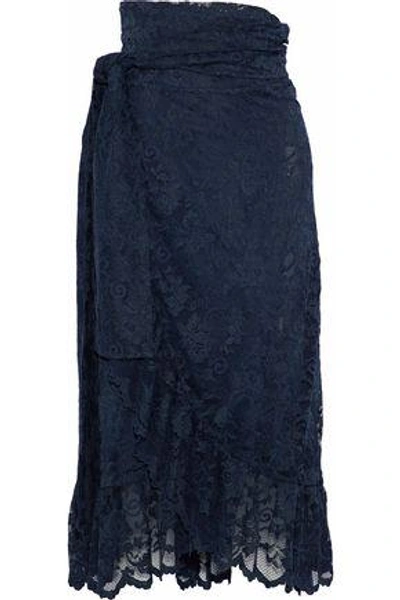 Shop Ganni Woman Flynn Lace Midi Wrap Skirt Navy