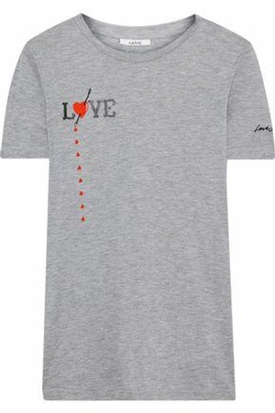 Shop Ganni Woman Embroidered Mélange Jersey T-shirt Gray