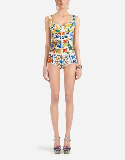 Shop Dolce & Gabbana Majolica-print Silk Bodysuit In Majolica Print