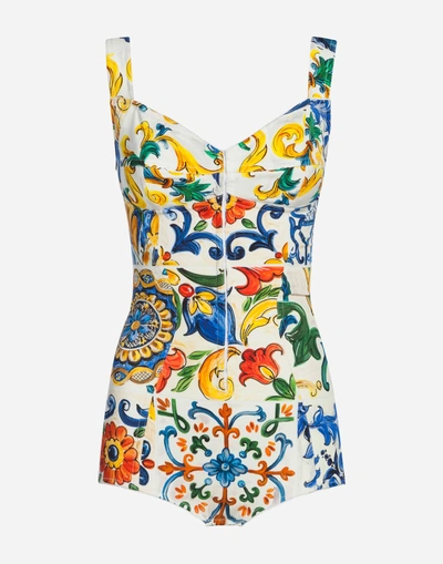 Shop Dolce & Gabbana Majolica-print Silk Bodysuit In Majolica Print