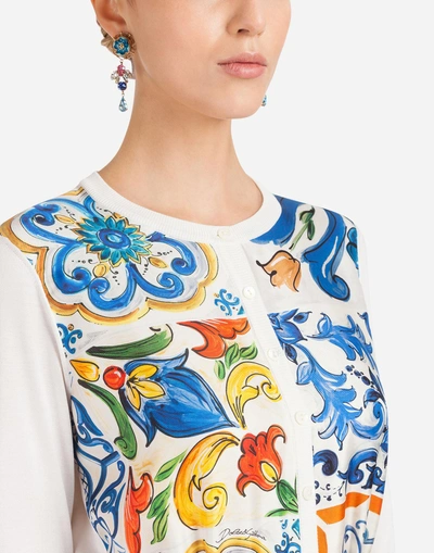 Shop Dolce & Gabbana Silk Cardigan With Scarf Insert In Majolica Print