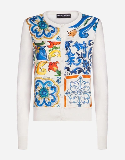 Shop Dolce & Gabbana Silk Cardigan With Scarf Insert In Majolica Print