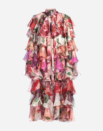 Shop Dolce & Gabbana Silk Coat In Peony Print In Floral Print