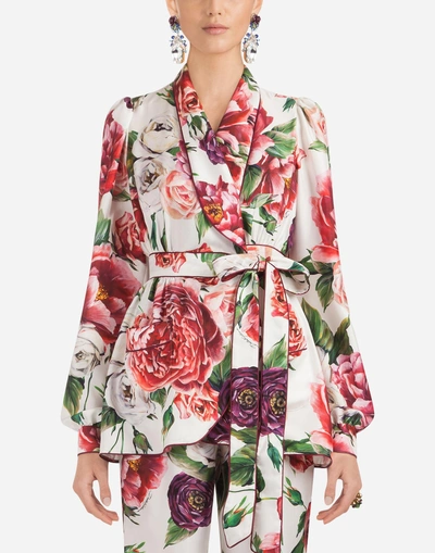 Shop Dolce & Gabbana Peony-print Silk Pajama Shirt In Floral Print