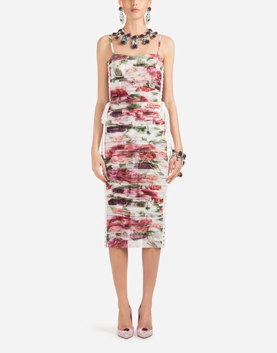 Shop Dolce & Gabbana Peony Print Dress In Tulle In Floral Print