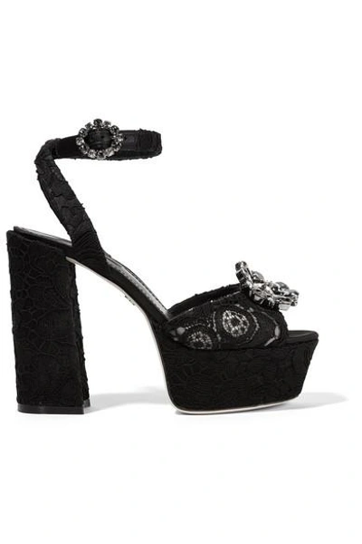 Shop Dolce & Gabbana Crystal-embellished Corded Lace Platform Sandals In Black