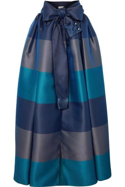 Shop Alexis Mabille Bow-detailed Embellished Striped Satin-piqué Maxi Skirt In Navy