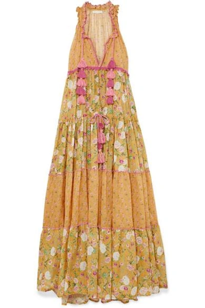 Shop Anjuna Naomi Floral-print Crochet-trimmed Cotton-voile Maxi Dress In Mustard