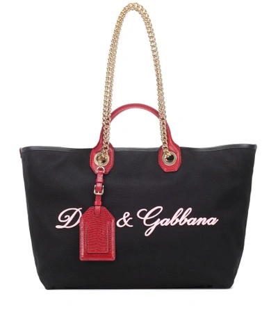 Shop Dolce & Gabbana Embroidered Canvas Shopper In Black
