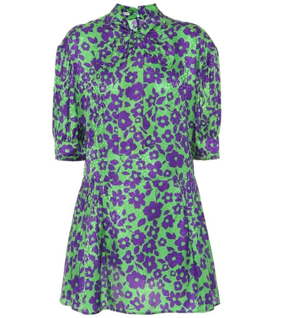 Shop Miu Miu Floral Printed Silk Minidress In Green