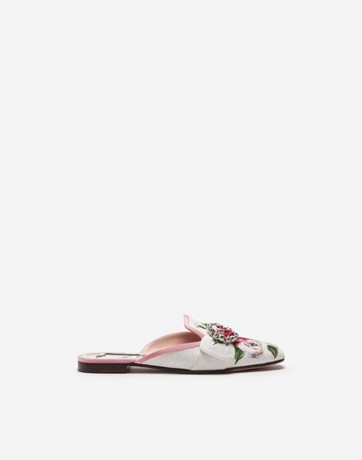 Shop Dolce & Gabbana Printed Charmeuse Slippers With Bejeweled Buckle In Cream
