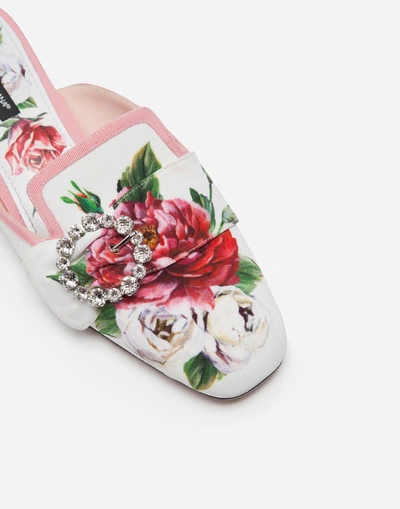 Shop Dolce & Gabbana Printed Charmeuse Slippers With Bejeweled Buckle In Cream