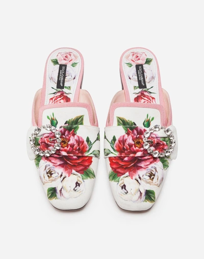 Shop Dolce & Gabbana Printed Charmeuse Slippers With Bejeweled Buckle In Cream