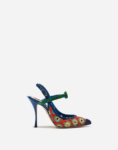 Shop Dolce & Gabbana Crocheted Raffia And Patent Leather Slingbacks In Multi-colored
