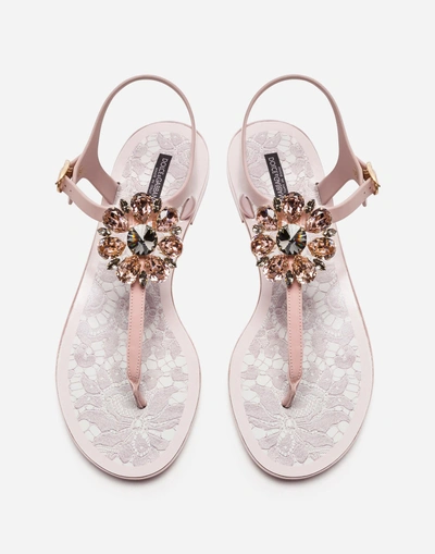 Shop Dolce & Gabbana Rubber And Patent Leather Thong Sandals With Brooch Detail In Pink