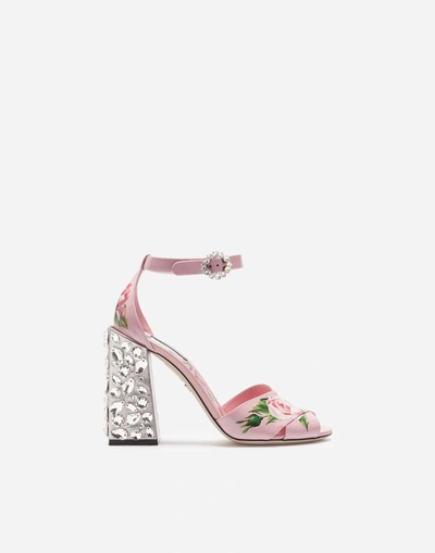 Shop Dolce & Gabbana Printed Patent Leather Sandals With Embroidered Heel In Pink