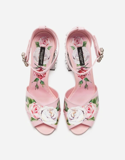 Shop Dolce & Gabbana Printed Patent Leather Sandals With Embroidered Heel In Pink