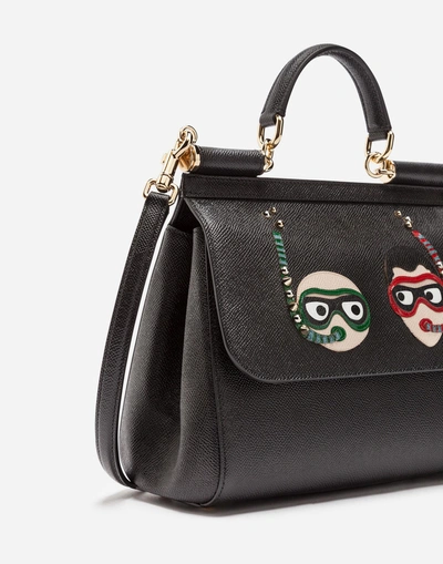 Shop Dolce & Gabbana Medium Sicily Bag In Dauphine Calfskin With Patches Of The Designers In Black