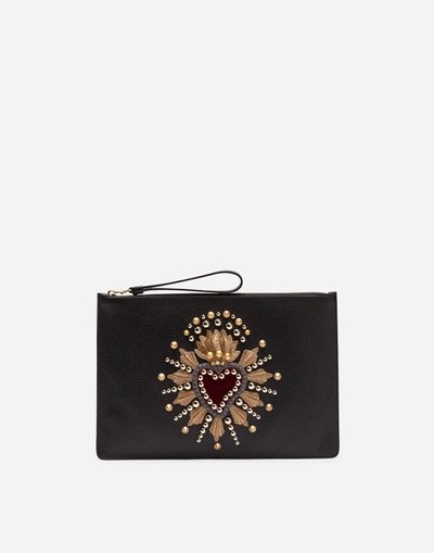 Shop Dolce & Gabbana Patch Heart Calfskin Clutch In Black