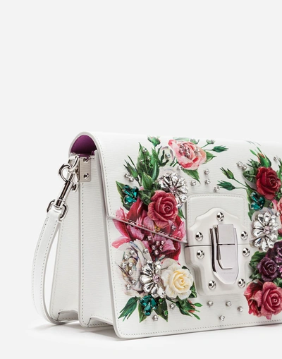 Shop Dolce & Gabbana Lucia Shoulder Bag In Peony-print Boarded Calfskin With Embroidered Details In Cream