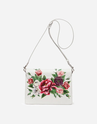 Shop Dolce & Gabbana Lucia Shoulder Bag In Peony-print Boarded Calfskin With Embroidered Details In Cream