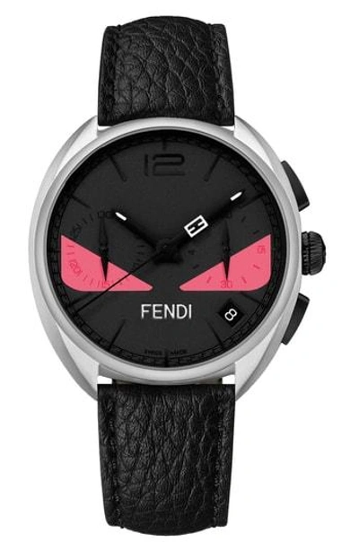 Shop Fendi Bug Chronograph Leather Strap Watch, 40mm In Black/ Pink/ Silver