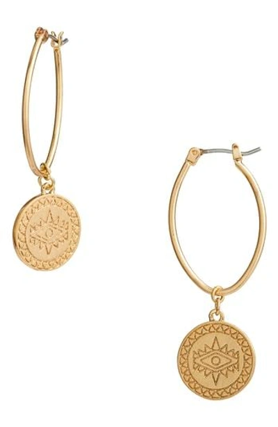 Shop Rebecca Minkoff Etched Coin Hoop Earrings In Gold