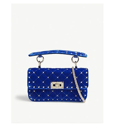 Shop Valentino Ladies Blue Elegant Rockstud Spike Velvet Shoulder Bag In Acid Blue