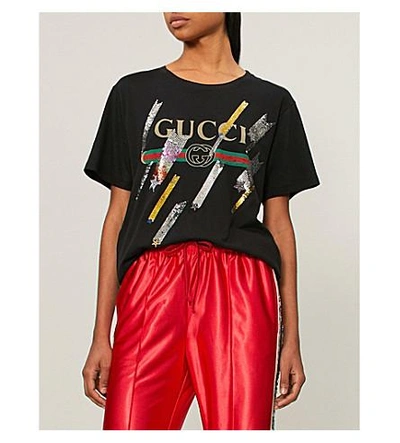 Shop Gucci Logo Shooting Stars Embellished Cotton-jersey T-shirt In Black
