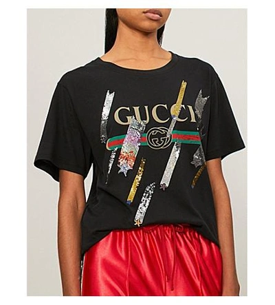 Shop Gucci Logo Shooting Stars Embellished Cotton-jersey T-shirt In Black