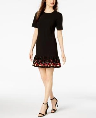 Shop Calvin Klein Embroidered Flounce Dress, Regular & Petite Sizes In Black Multi