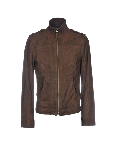 Shop Armani Jeans Leather Jacket In Dark Brown