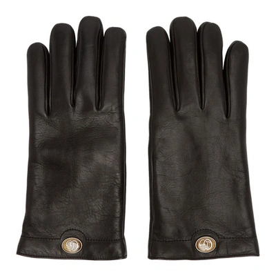 Shop Gucci Black Leather Logo Gloves In 1000 Black