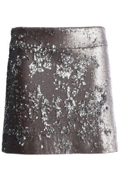 Shop Halston Heritage Sequined Stretch-knit Mini Skirt In Silver