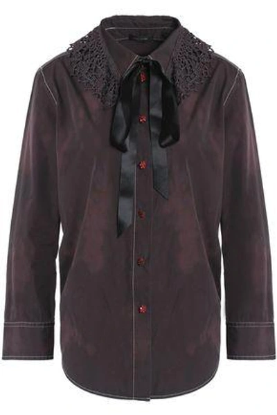 Shop Marc Jacobs Woman Pussy-bow Crochet-trimmed Cotton Shirt Dark Brown