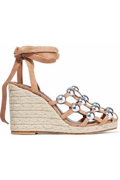 Shop Alexander Wang Woman Taylor Studded Suede Espadrille Wedge Sandals Sand